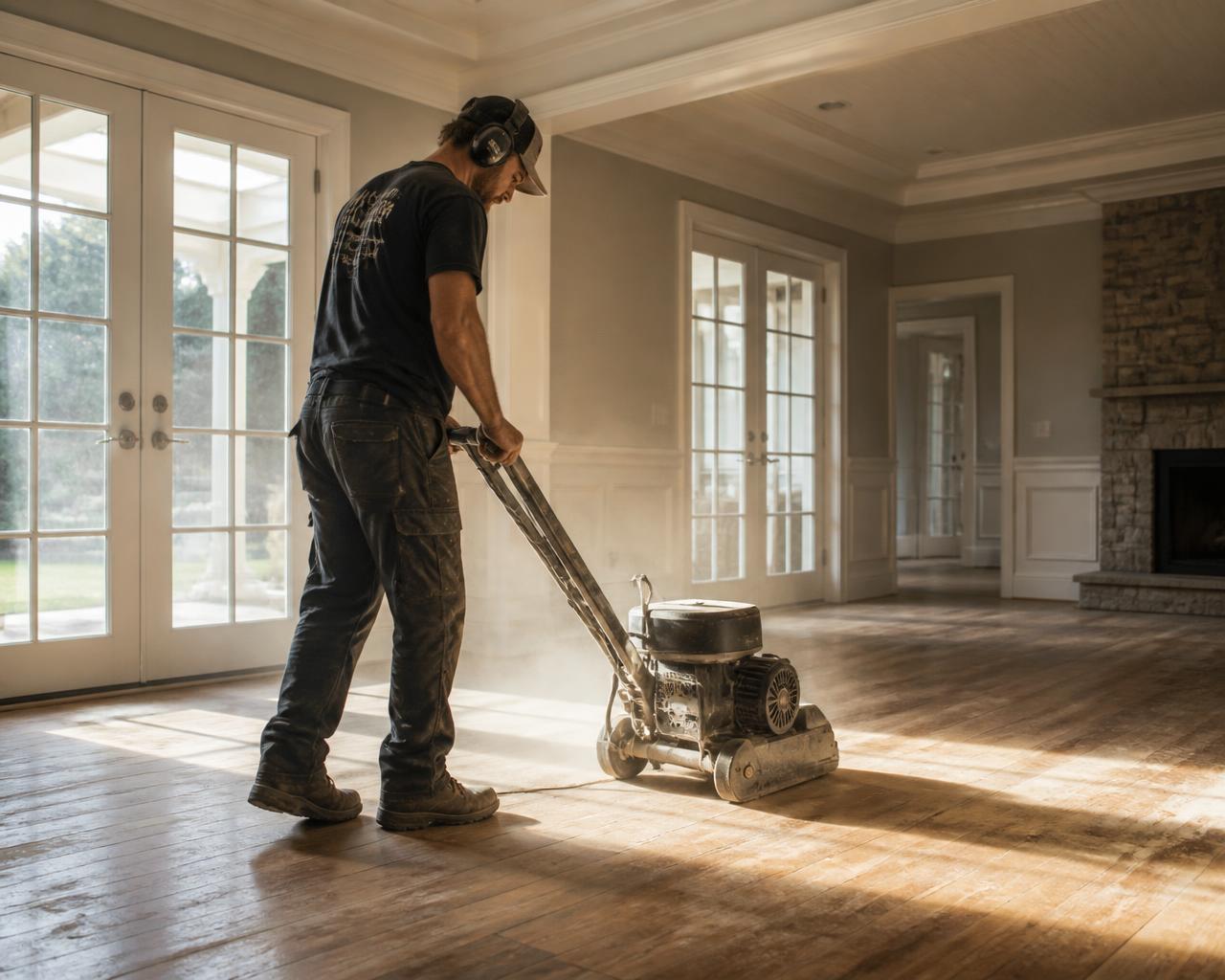 Flooring professional sanding hardwood floors with a drum sander in a bright home