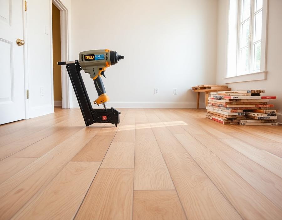 New solid hardwood flooring planks being installed in a renovated room