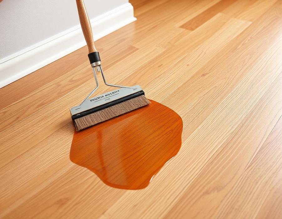Applying a premium polyurethane finish coat to a refinished oak hardwood floor