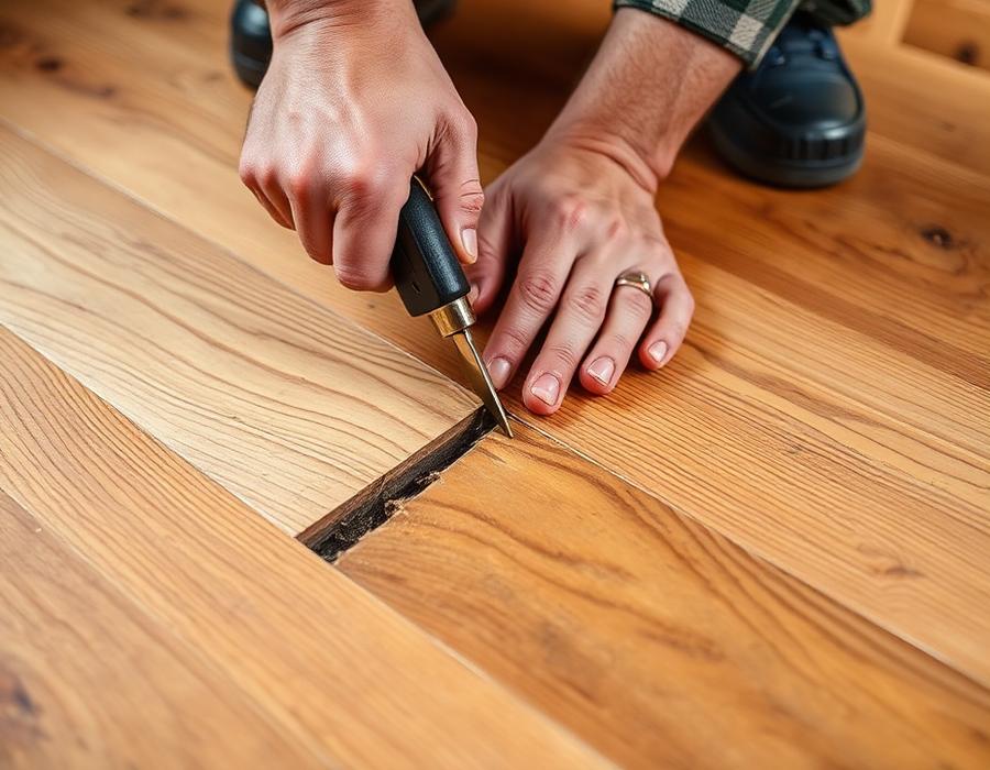 Craftsman repairing and replacing a damaged hardwood floor plank