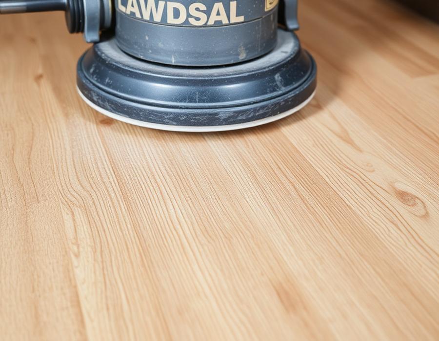 Professional hardwood floor sanding machine smoothing raw oak planks